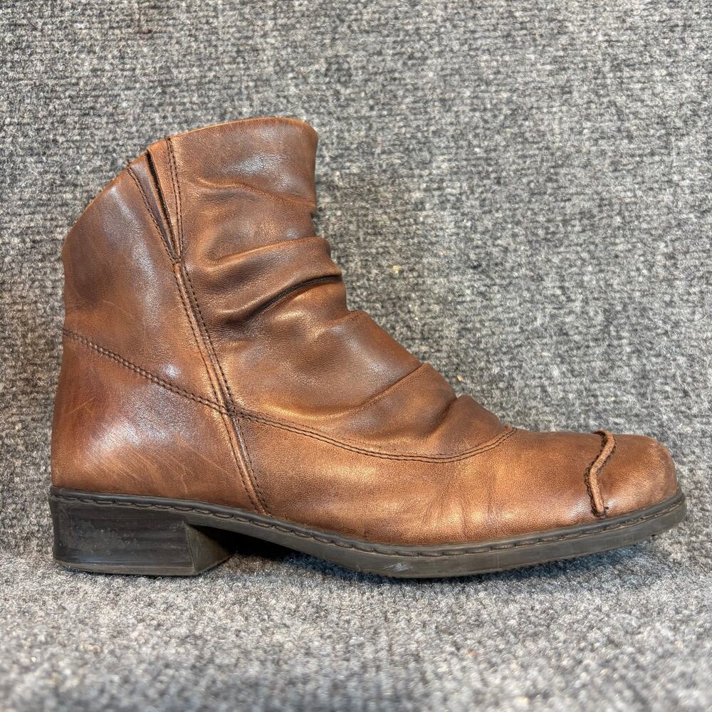 Rieker Antistress Brown Ruched Leather Ankle Boots Size 8 EU 39 Side Zip Booties